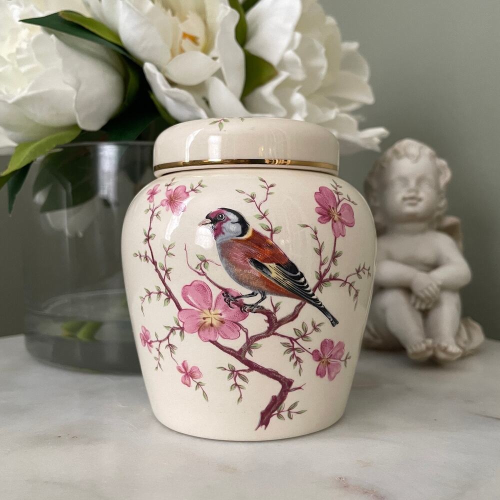 Vintage Palissy England Ceramic Lidded Jar - Goldfinch Floral Gold Rim